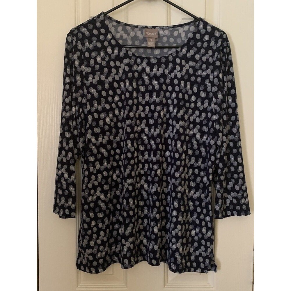 Chicos Size 2 Womens Large Top Blue White Polka Dot Stretch Casual 3/4 Sleeves